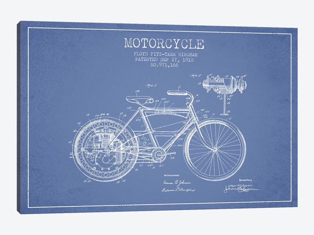 Floyd Bingham Motorcycle Patent Sketch (Light Blue) by Aged Pixel 1-piece Art Print