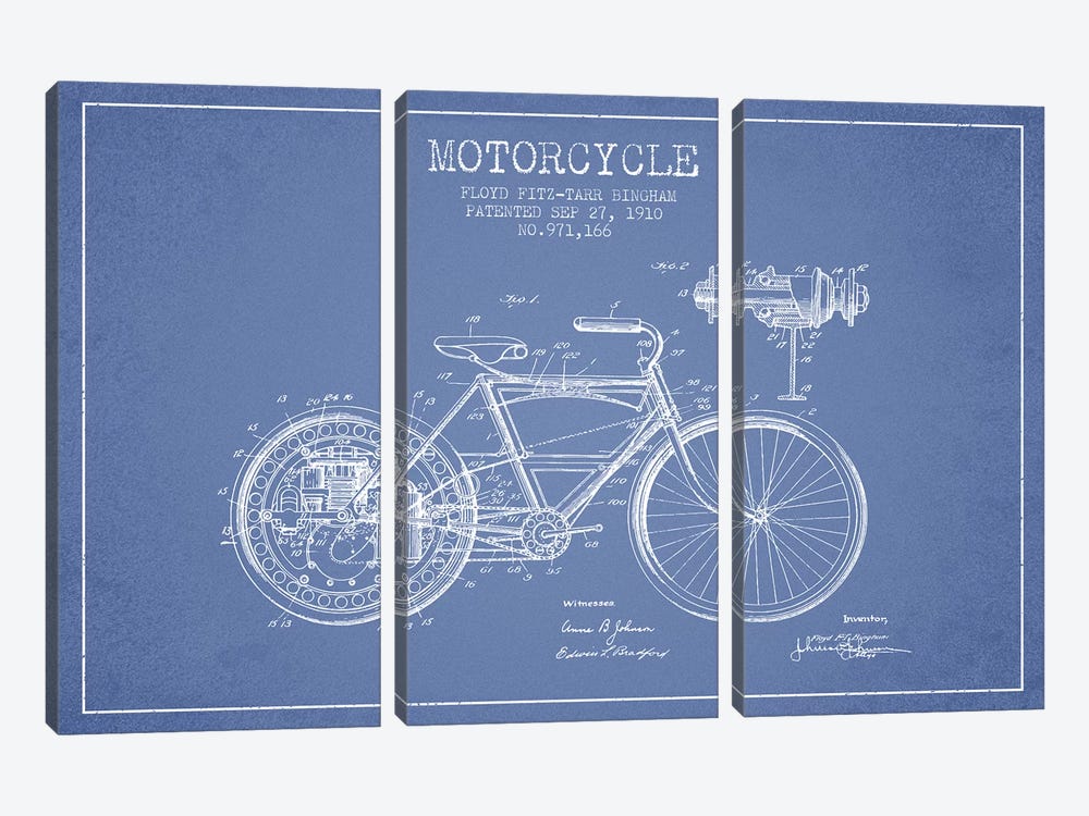 Floyd Bingham Motorcycle Patent Sketch (Light Blue) by Aged Pixel 3-piece Art Print