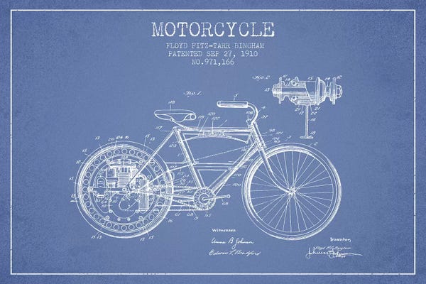 Motorcycle Blueprints: Floyd Bingham Motorcycle Patent Sketch (Light Blue) by Aged Pixel