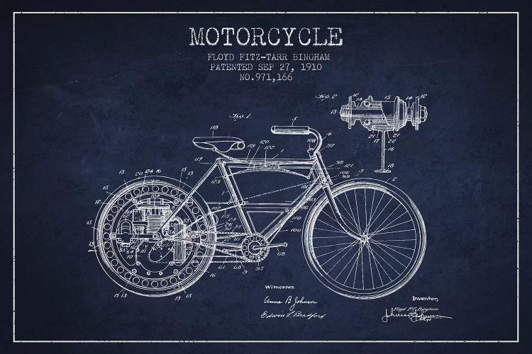 Floyd Bingham Motorcycle Patent Sketch (Navy Blue) by Aged Pixel wall art