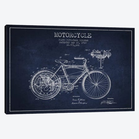 Floyd Bingham Motorcycle Patent Sketch (Navy Blue) Canvas Print #ADP2878} by Aged Pixel Art Print