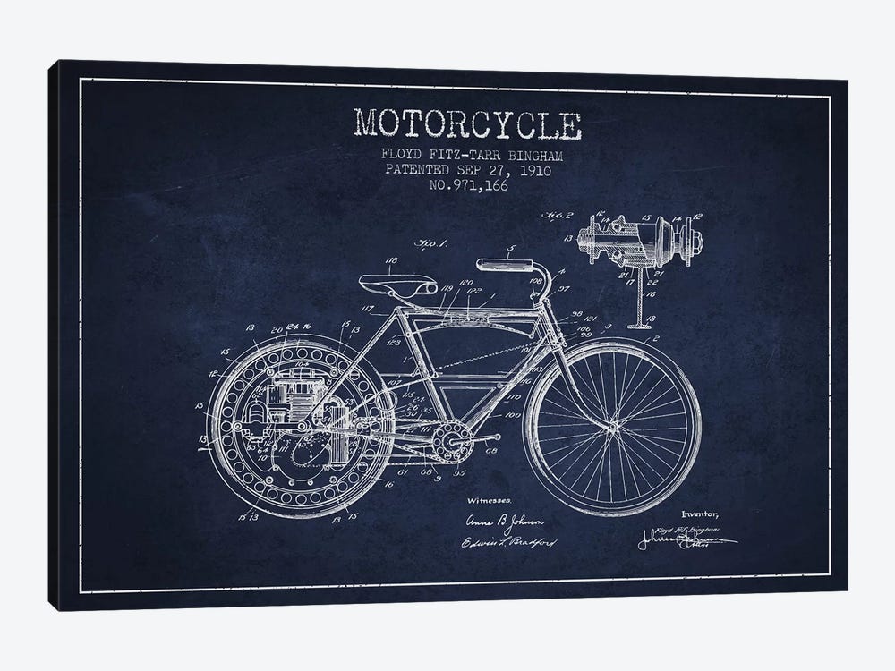 Floyd Bingham Motorcycle Patent Sketch (Navy Blue) 1-piece Canvas Artwork