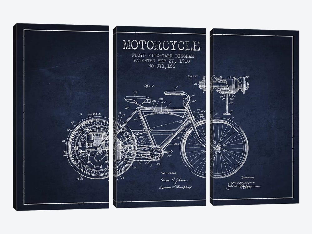 Floyd Bingham Motorcycle Patent Sketch (Navy Blue) by Aged Pixel 3-piece Canvas Artwork