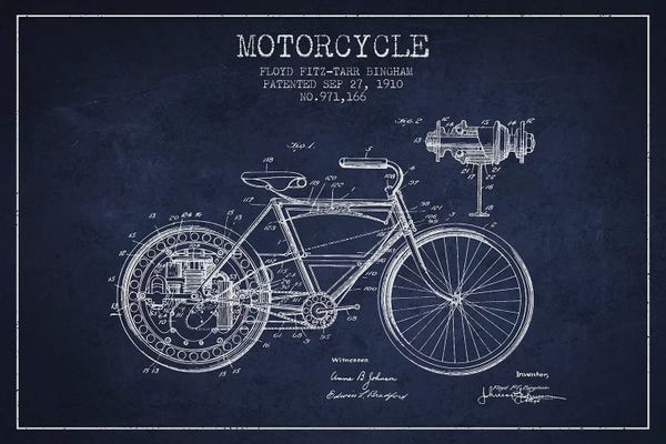 Motorcycle Blueprints: Floyd Bingham Motorcycle Patent Sketch (Navy Blue) by Aged Pixel