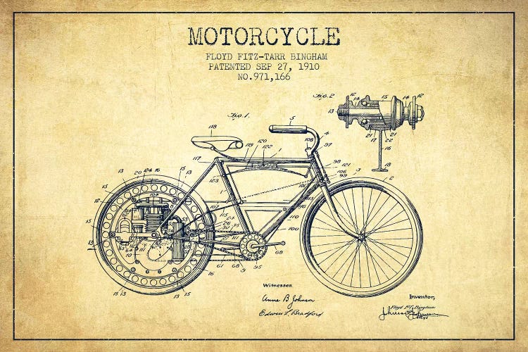 Floyd Bingham Motorcycle Patent Sketch (Vintage) by Aged Pixel wall art