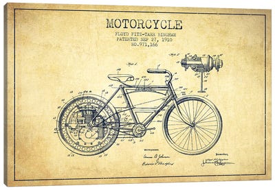 Floyd Bingham Motorcycle Patent Sketch (Vintage) Canvas Art Print - Aged Pixel: Motorcycles