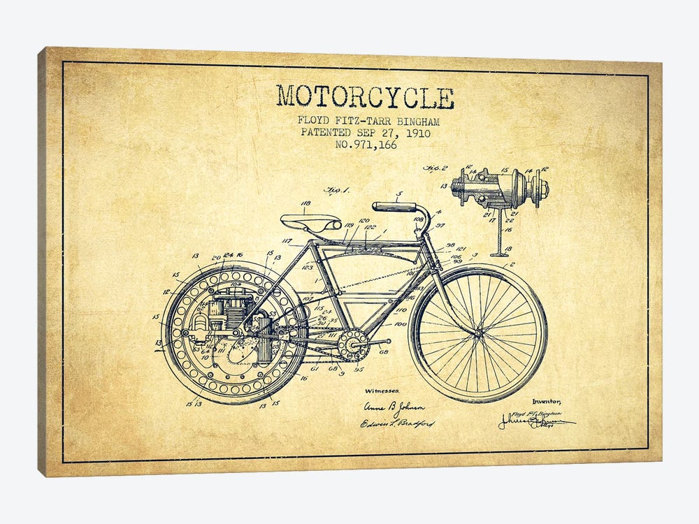 Floyd Bingham Motorcycle Patent Sketch (Vintage) by Aged Pixel 1-piece Canvas Print