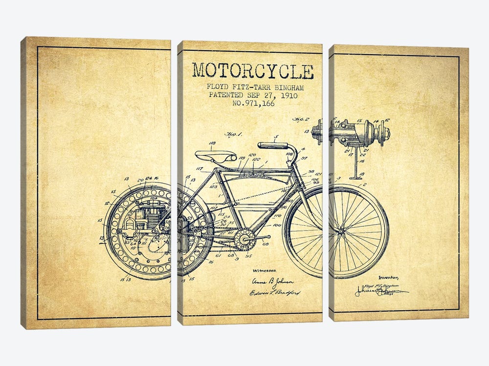 Floyd Bingham Motorcycle Patent Sketch (Vintage) by Aged Pixel 3-piece Canvas Art Print