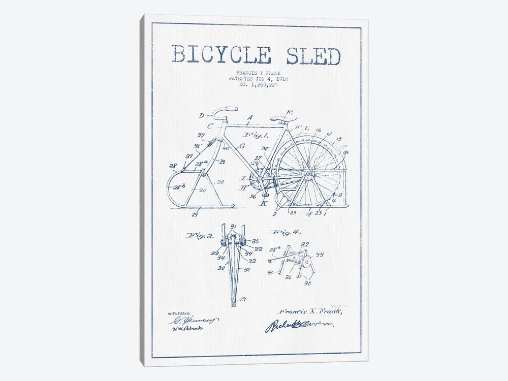 Francis X. Frank Bicycle Sled Patent Sketch (Ink) by Aged Pixel 1-piece Canvas Print