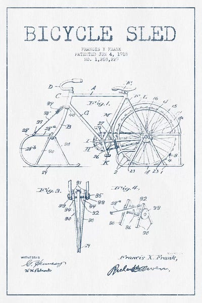 Sports Blueprints: Francis X. Frank Bicycle Sled Patent Sketch (Ink) by Aged Pixel