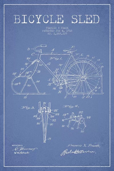 Francis X. Frank Bicycle Sled Patent Sketch (Light Blue) by Aged Pixel framed canvas print