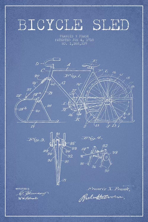 Francis X. Frank Bicycle Sled Patent Sketch (Light Blue) by Aged Pixel wall art