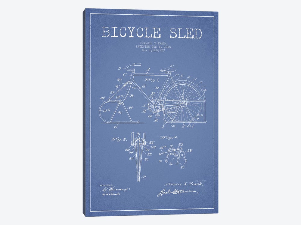 Francis X. Frank Bicycle Sled Patent Sketch (Light Blue) by Aged Pixel 1-piece Canvas Art