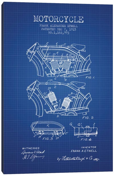 Frank A. Etwell Motorcycle Patent Sketch (Blue Grid) Canvas Art Print - Motorcycle Blueprints