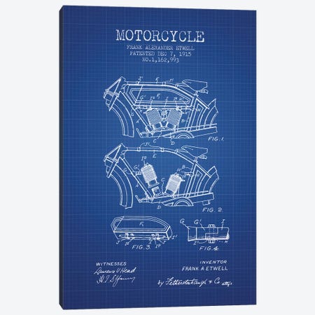 Frank A. Etwell Motorcycle Patent Sketch (Blue Grid) Canvas Print #ADP2882} by Aged Pixel Canvas Art