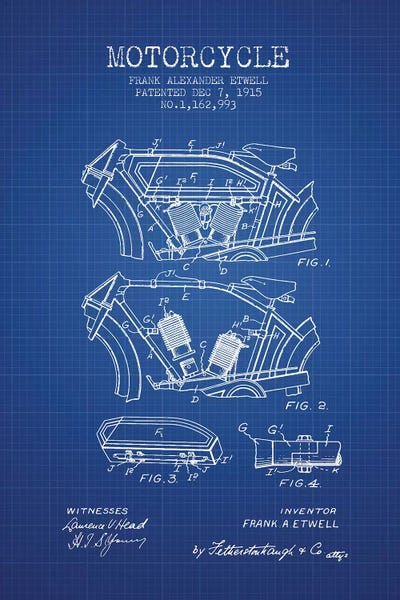 Motorcycle Blueprints: Frank A. Etwell Motorcycle Patent Sketch (Blue Grid) by Aged Pixel