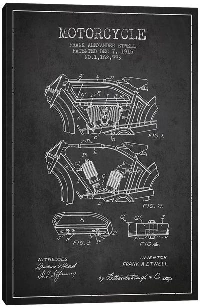 Frank A. Etwell Motorcycle Patent Sketch (Charcoal) Canvas Art Print - Aged Pixel: Motorcycles