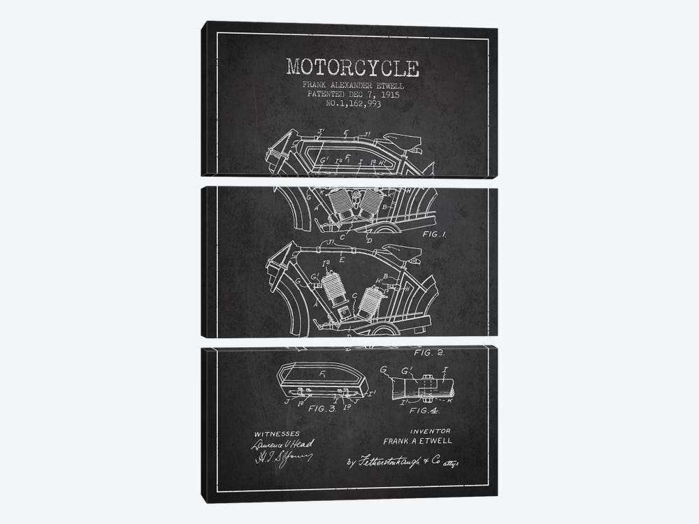 Frank A. Etwell Motorcycle Patent Sketch (Charcoal) by Aged Pixel 3-piece Canvas Artwork