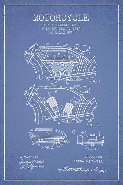 Frank A. Etwell Motorcycle Patent Sketch (Light Blue) by Aged Pixel canvas print