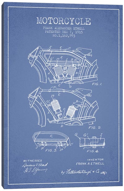 Frank A. Etwell Motorcycle Patent Sketch (Light Blue) Canvas Art Print - Aged Pixel: Motorcycles