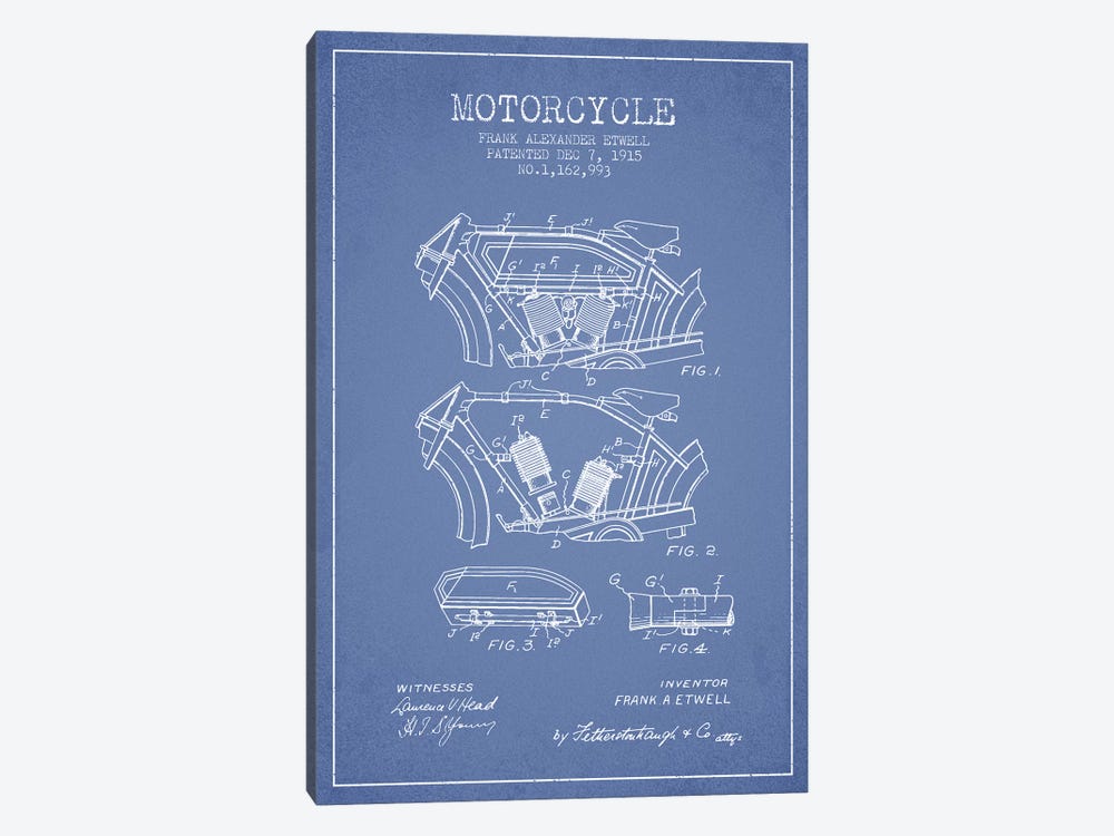Frank A. Etwell Motorcycle Patent Sketch (Light Blue) by Aged Pixel 1-piece Canvas Print