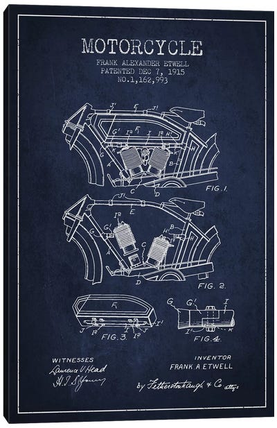 Frank A. Etwell Motorcycle Patent Sketch (Navy Blue) Canvas Art Print - Aged Pixel: Motorcycles