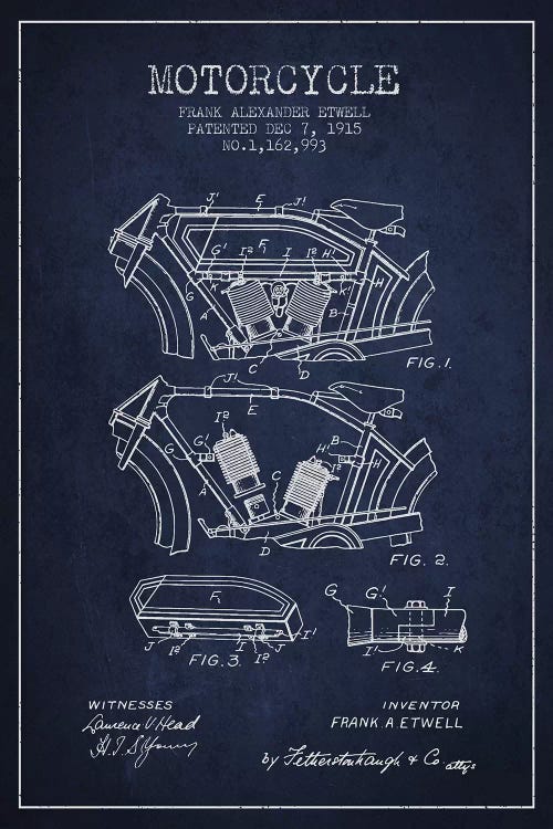 Frank A. Etwell Motorcycle Patent Sketch (Navy Blue)