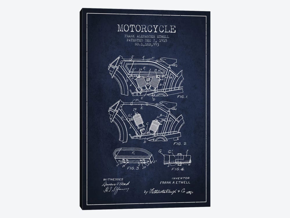 Frank A. Etwell Motorcycle Patent Sketch (Navy Blue) by Aged Pixel 1-piece Canvas Wall Art