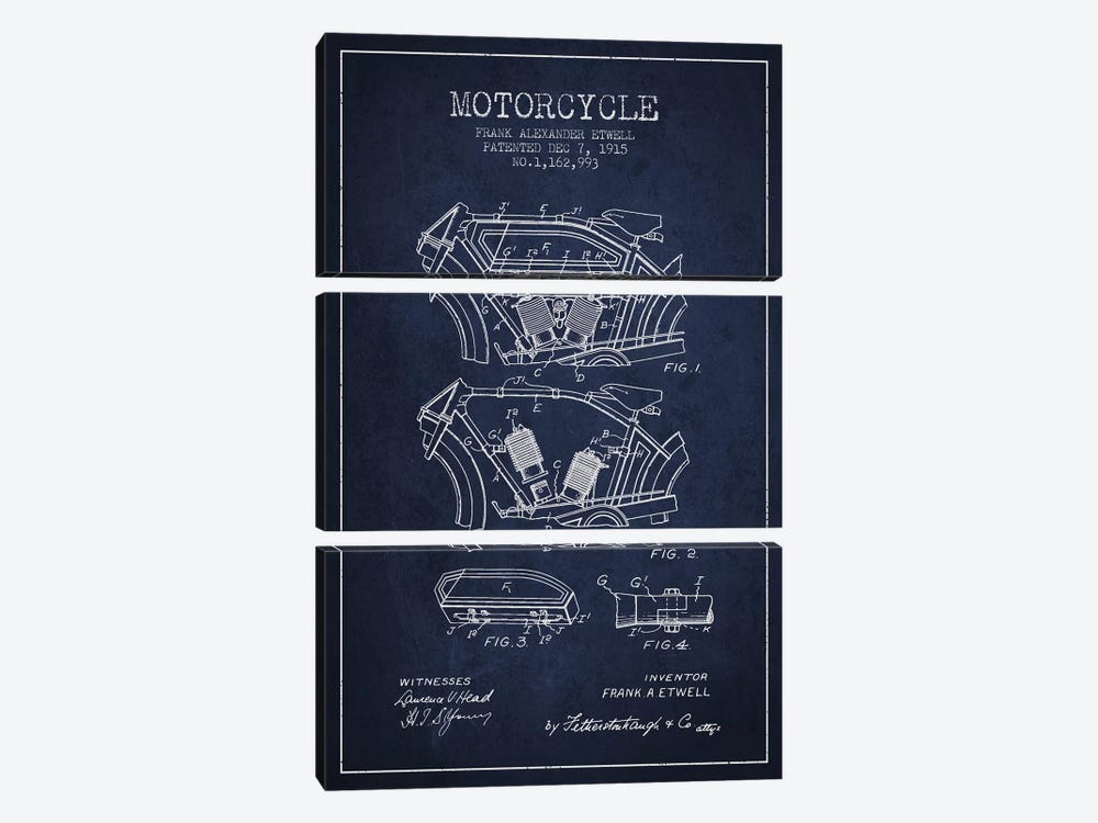 Frank A. Etwell Motorcycle Patent Sketch (Navy Blue) by Aged Pixel 3-piece Canvas Artwork