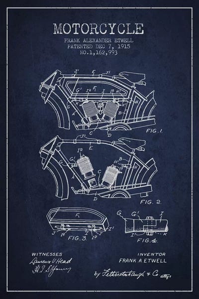 Motorcycle Blueprints: Frank A. Etwell Motorcycle Patent Sketch (Navy Blue) by Aged Pixel