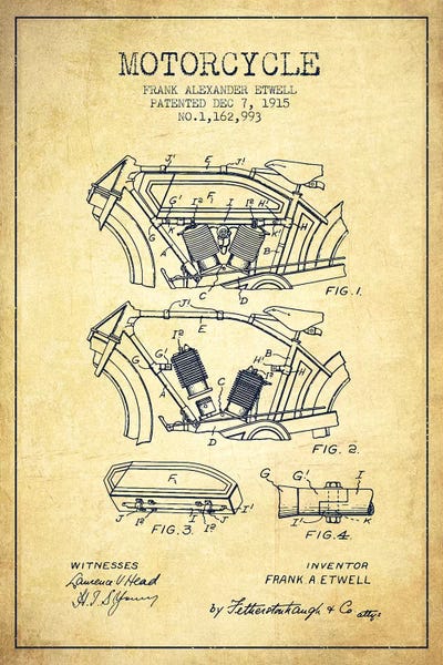 Frank A. Etwell Motorcycle Patent Sketch (Vintage) by Aged Pixel canvas print