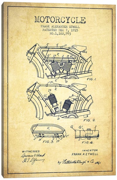 Frank A. Etwell Motorcycle Patent Sketch (Vintage) Canvas Art Print - Motorcycle Blueprints