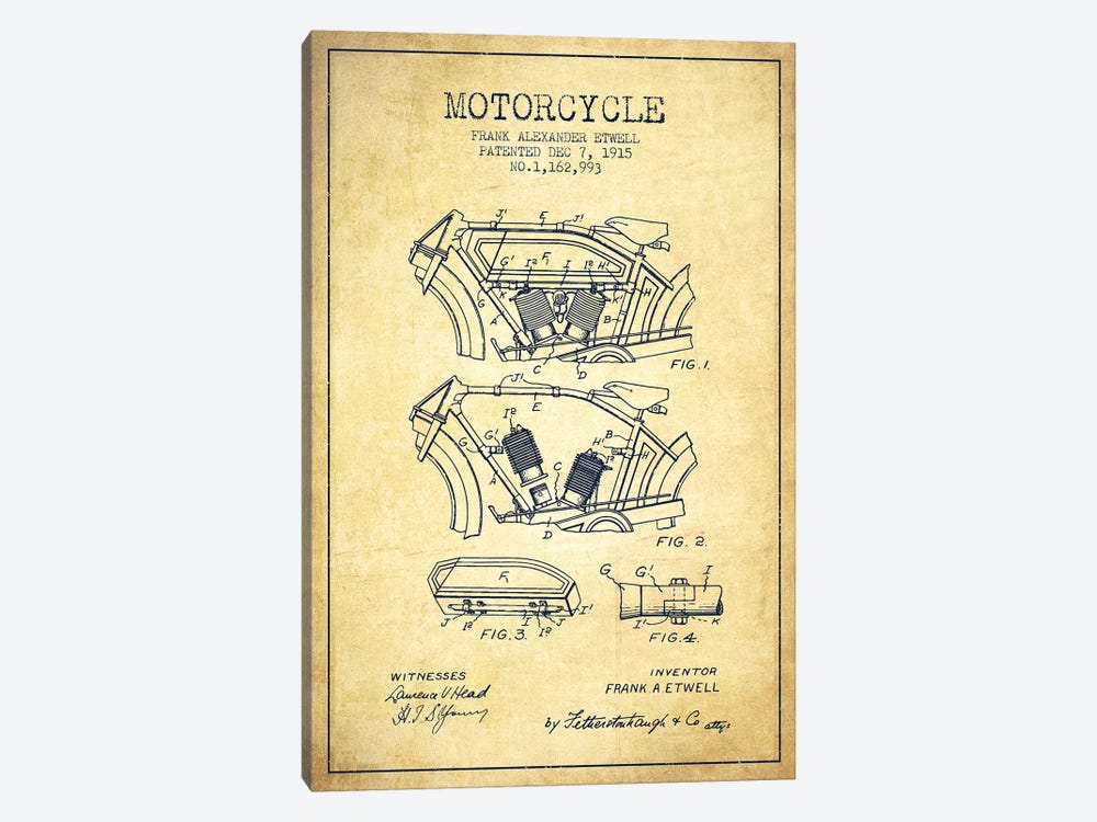 Frank A. Etwell Motorcycle Patent Sketch (Vintage) by Aged Pixel 1-piece Canvas Art Print