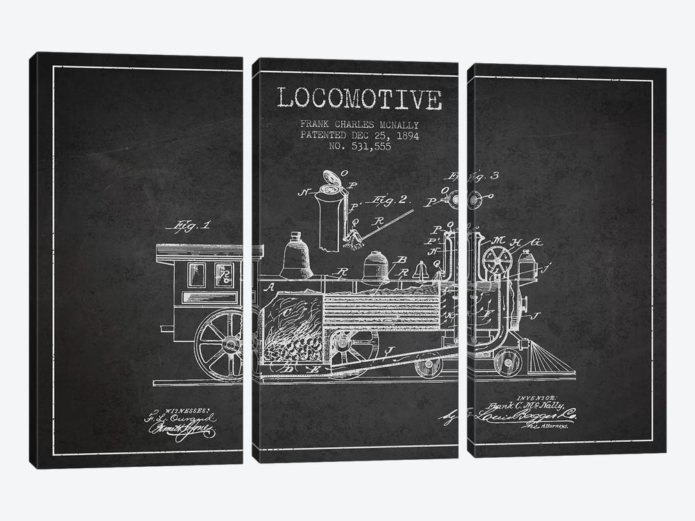 Frank C. McNally Locomotive Pattern Sketch (Charcoal) by Aged Pixel 3-piece Canvas Wall Art