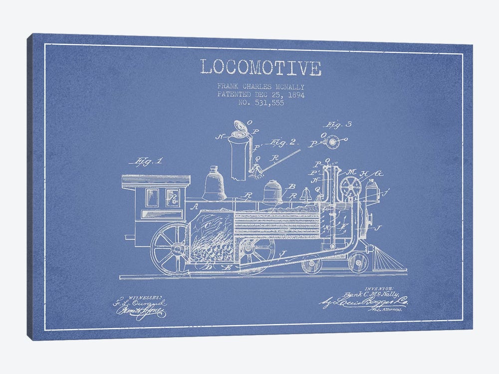 Frank C. McNally Locomotive Pattern Sketch (Light Blue) by Aged Pixel 1-piece Canvas Art Print