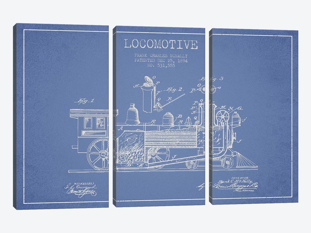 Frank C. McNally Locomotive Pattern Sketch (Light Blue) by Aged Pixel 3-piece Canvas Print