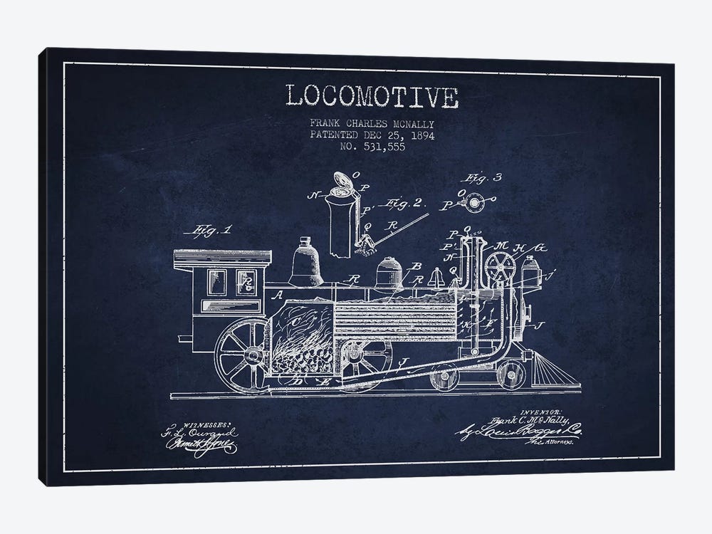 Frank C. McNally Locomotive Pattern Sketch (Navy Blue) by Aged Pixel 1-piece Canvas Art