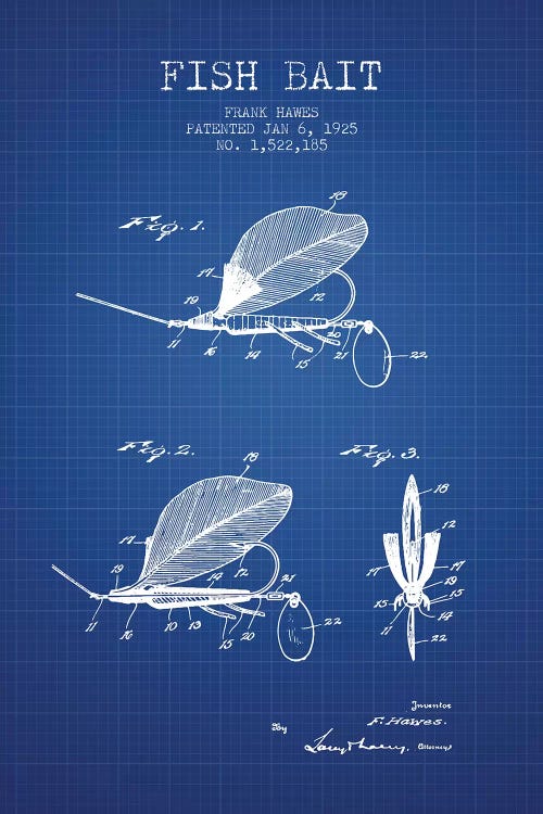 Frank Hawes Fish Bait Patent Sketch (Blue Grid)