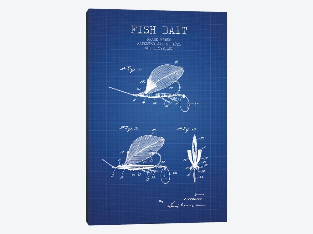 Frank Hawes Fish Bait Patent Sketch (Blue Grid) by Aged Pixel 1-piece Canvas Art