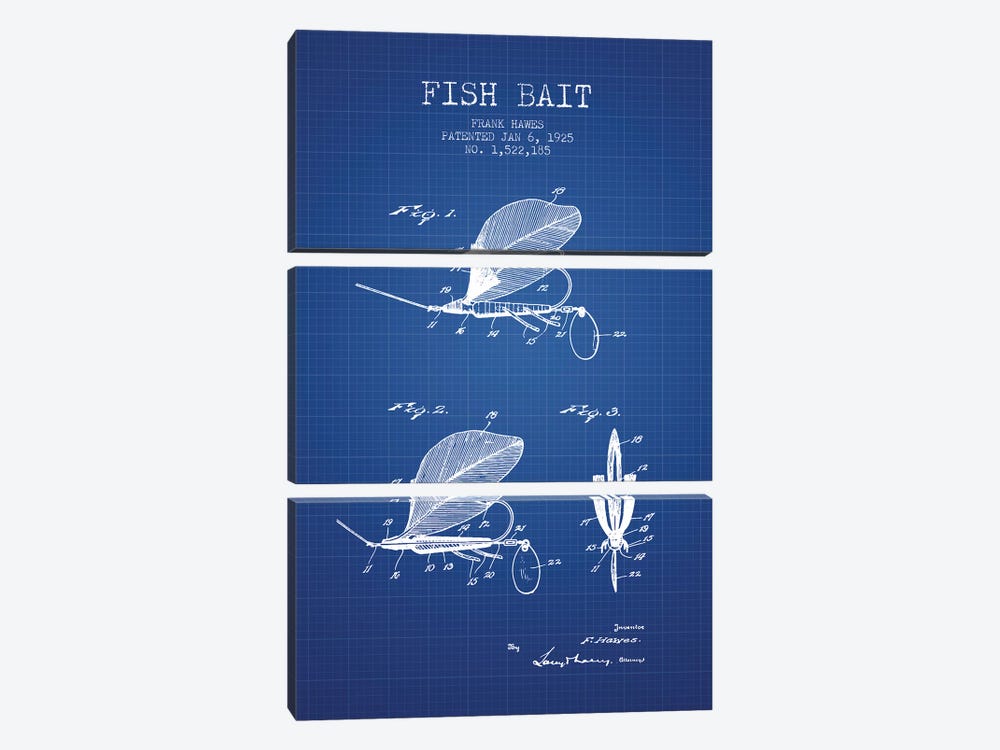 Frank Hawes Fish Bait Patent Sketch (Blue Grid) by Aged Pixel 3-piece Canvas Wall Art
