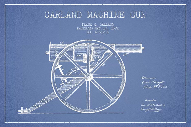 Frank M. Garland Garland Machine Gun Patent Sketch (Light Blue) by Aged Pixel wall art