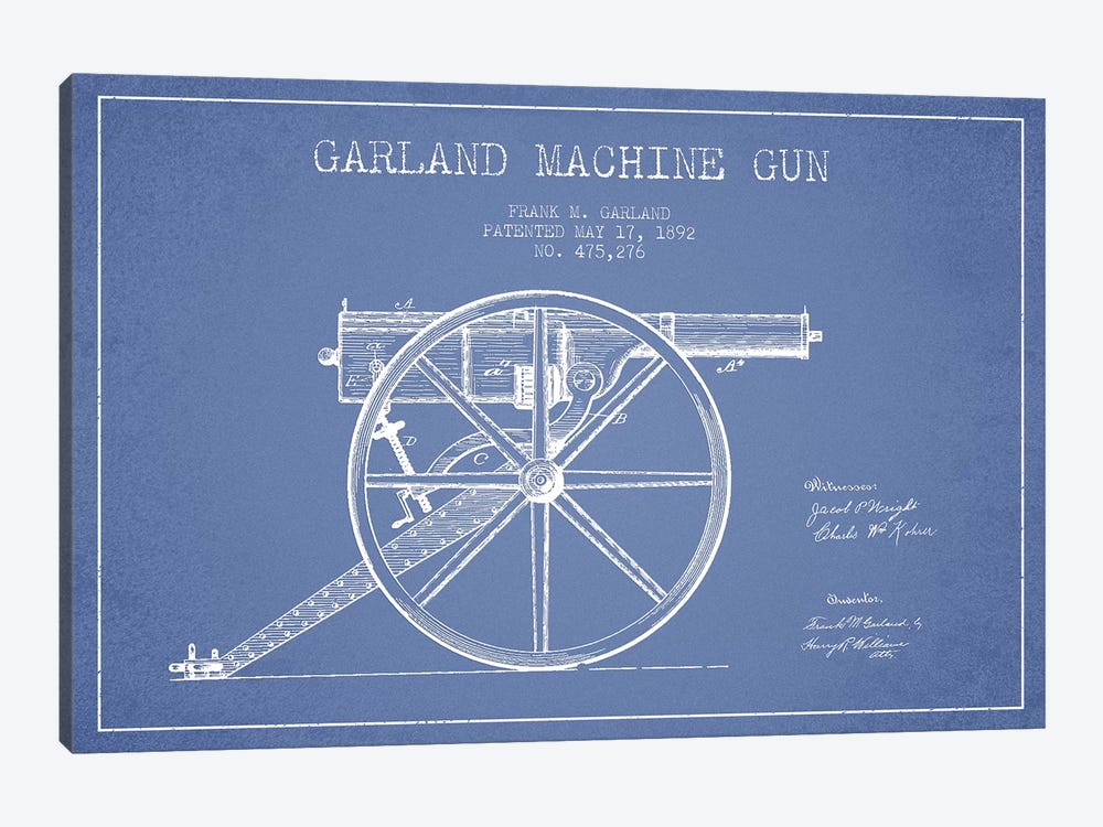 Frank M. Garland Garland Machine Gun Patent Sketch (Light Blue) by Aged Pixel 1-piece Canvas Print