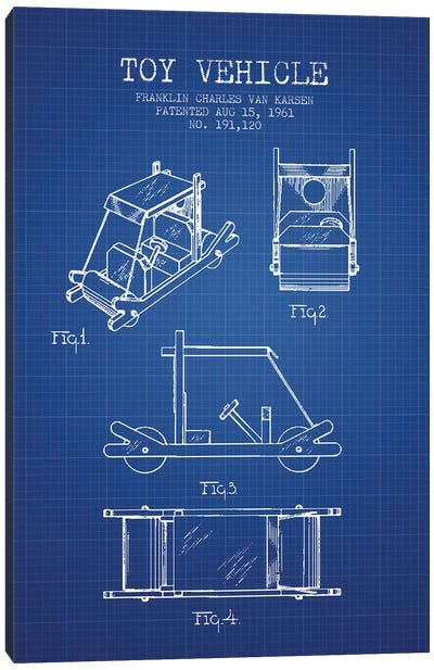 Franklin Van Karsen Flintstone Toy Car Patent Sketch (Blue Grid) Canvas Art Print - Aged Pixel: Toys & Games