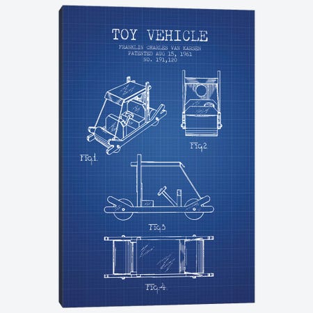 Franklin Van Karsen Flintstone Toy Car Patent Sketch (Blue Grid) Canvas Print #ADP2892} by Aged Pixel Canvas Print