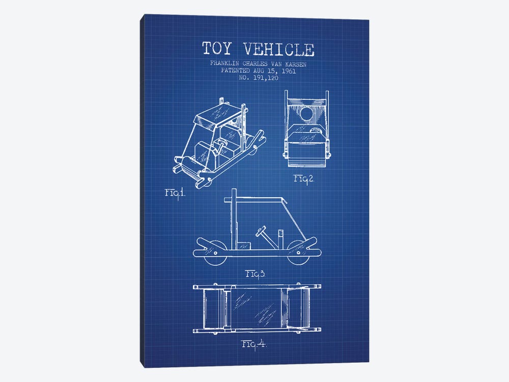 Franklin Van Karsen Flintstone Toy Car Patent Sketch (Blue Grid) by Aged Pixel 1-piece Canvas Wall Art