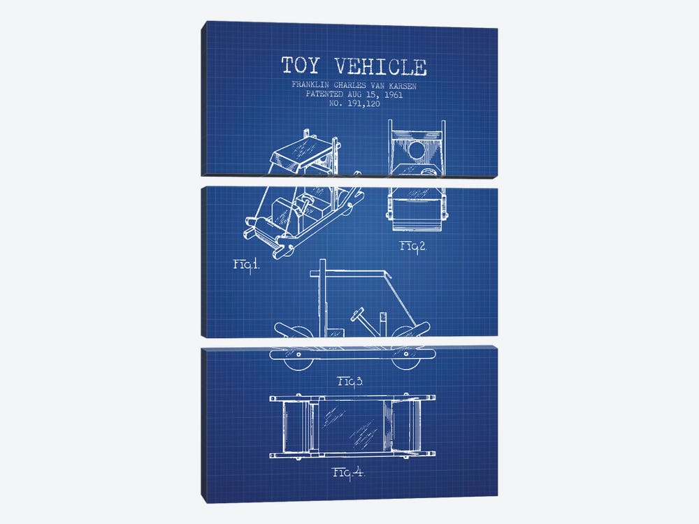 Franklin Van Karsen Flintstone Toy Car Patent Sketch (Blue Grid) by Aged Pixel 3-piece Canvas Art