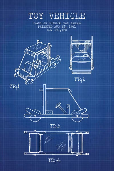 Toy & Game Blueprints: Franklin Van Karsen Flintstone Toy Car Patent Sketch (Blue Grid) by Aged Pixel