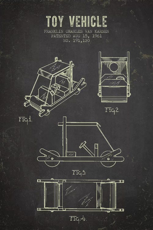 Franklin Van Karsen Flintstone Toy Car Patent Sketch (Charcoal)