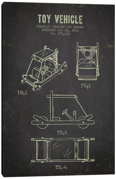 Franklin Van Karsen Flintstone Toy Car Patent Sketch (Charcoal) Canvas Art Print - Toy & Game Blueprints