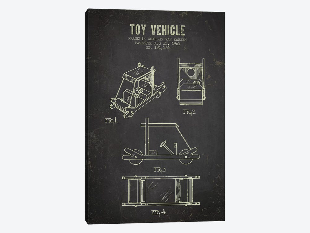 Franklin Van Karsen Flintstone Toy Car Patent Sketch (Charcoal) by Aged Pixel 1-piece Art Print